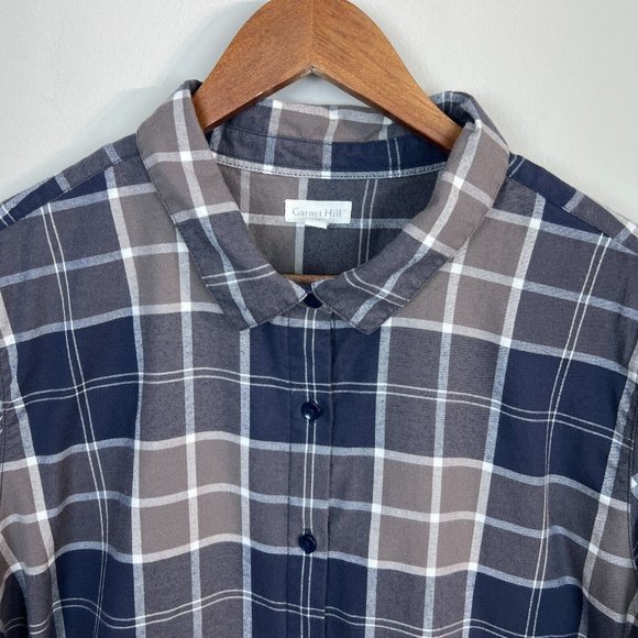 Garnet Hill Flannel Tunic Button Up Shirt 16 Gray Plaid Organic Cotton - Picture 2 of 10